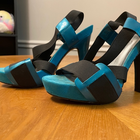 Jessica Simpson Black & Teal Metallic Platform Heels Size 6-6.5 - Picture 2 of 12